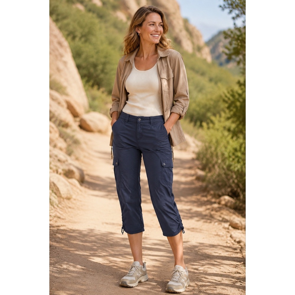 Eddie Bauer Travex Cargo Capri Pants Size 2 Navy Ruched Hiking Travel
